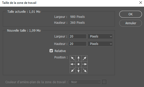 Taille de la zone de travail