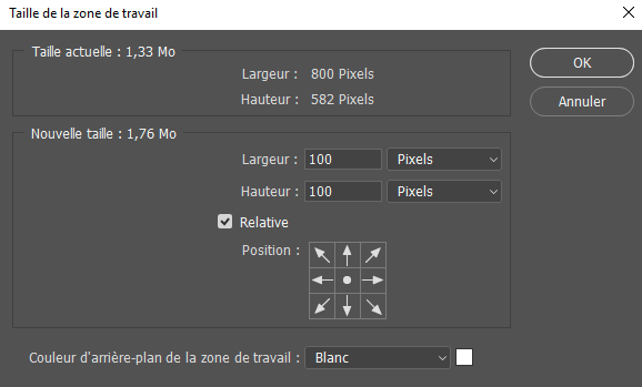 Taille de la zone de travail