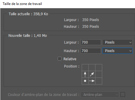 Taille de la zone de travail
